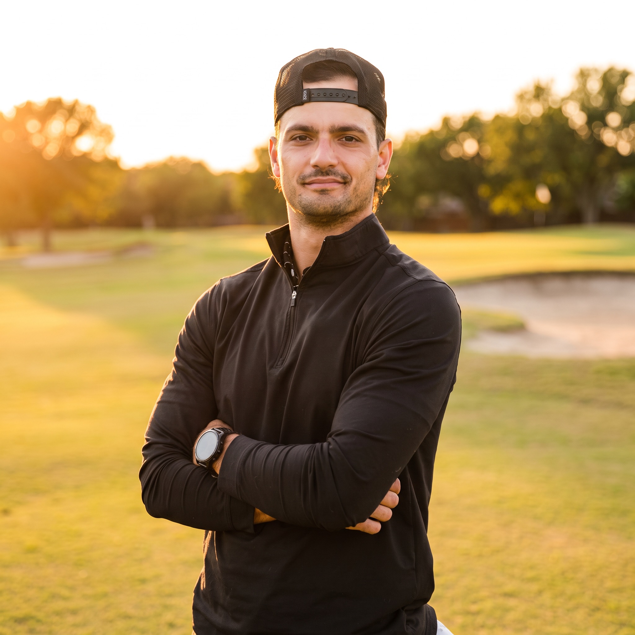 Matt Scharff on the golf course at sunset, photographed by Tyler