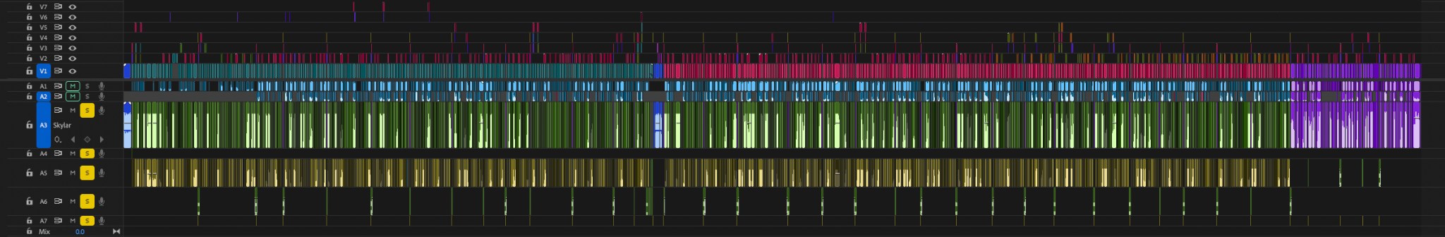 Premiere Pro timeline with color-coded video clips, graphics layers, and separate audio tracks for the Sean Walsh golf edit